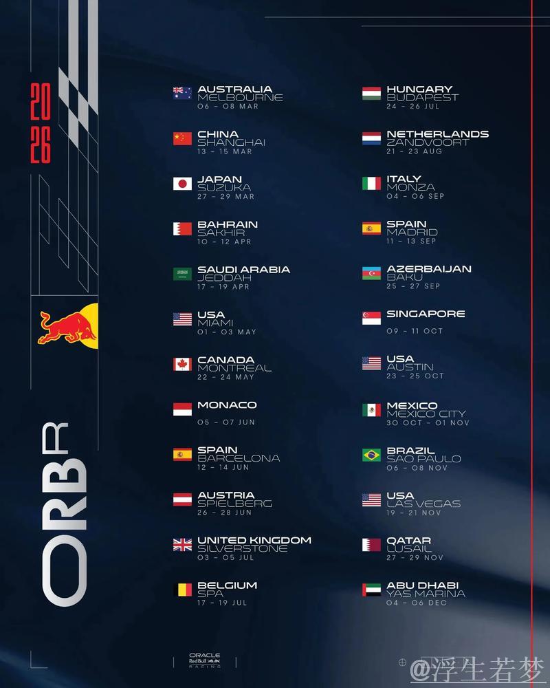 2026赛季F1完整赛程揭晓 2026赛季F1完整赛程揭晓